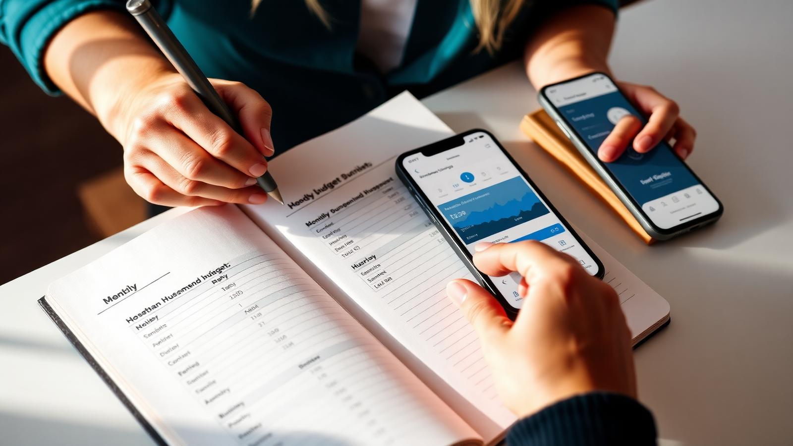 Person planning a monthly household budget in a notebook beside a phone showing a banking app