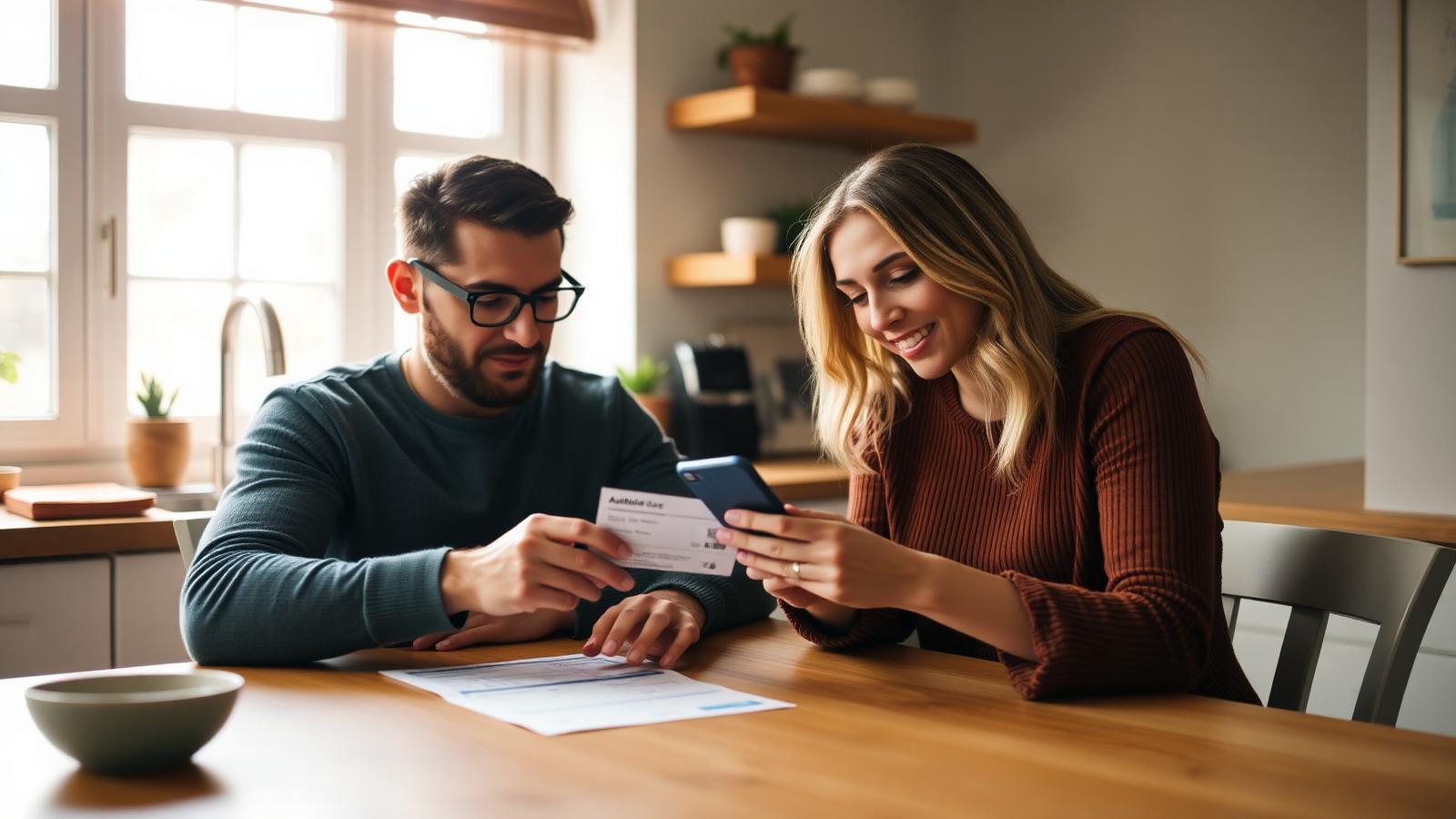 Two people at a kitchen table adding a family member as an authorized user on a credit card account using a phone app