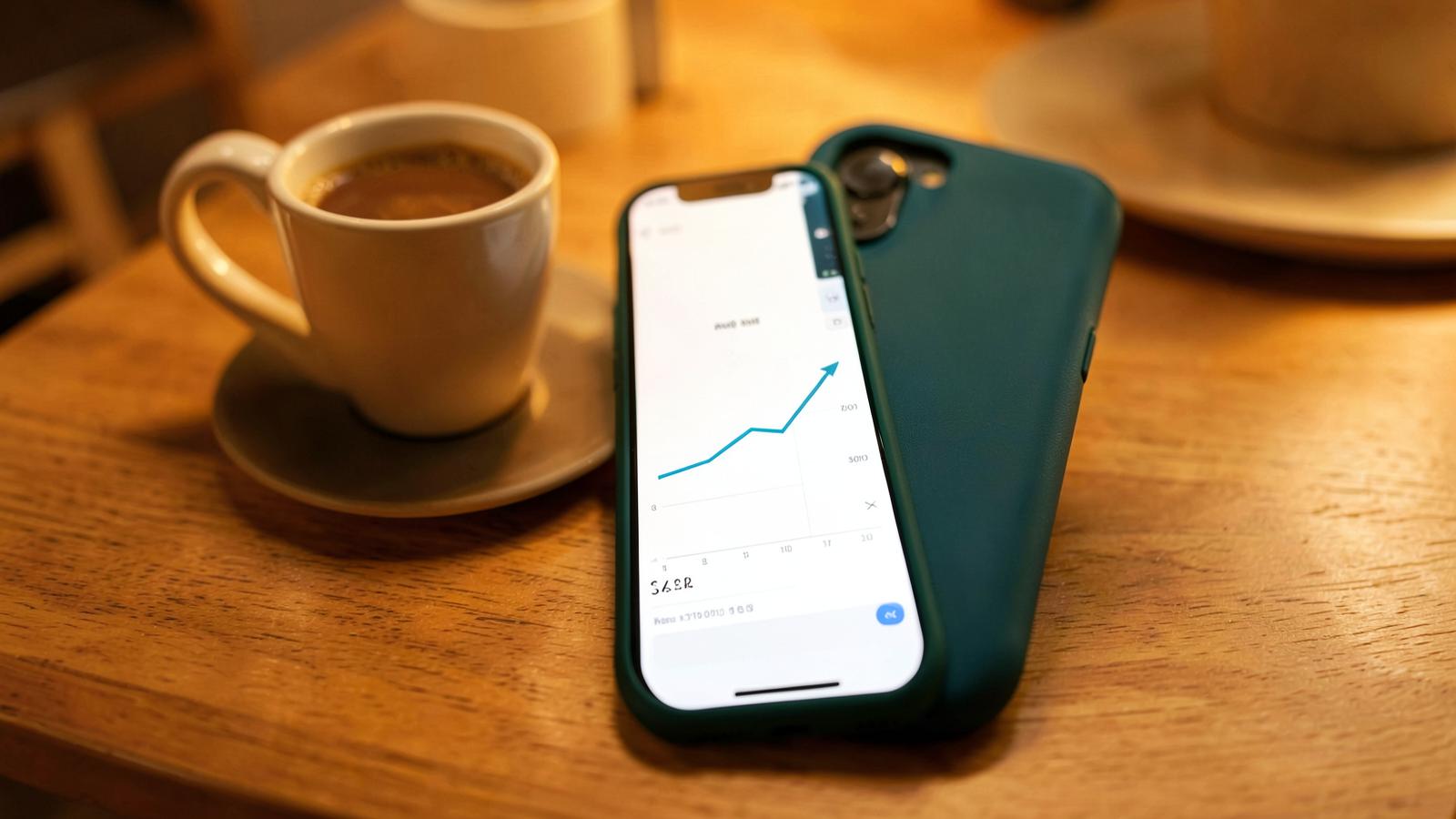 Smartphone showing an upward savings graph beside a coffee cup on a wooden table