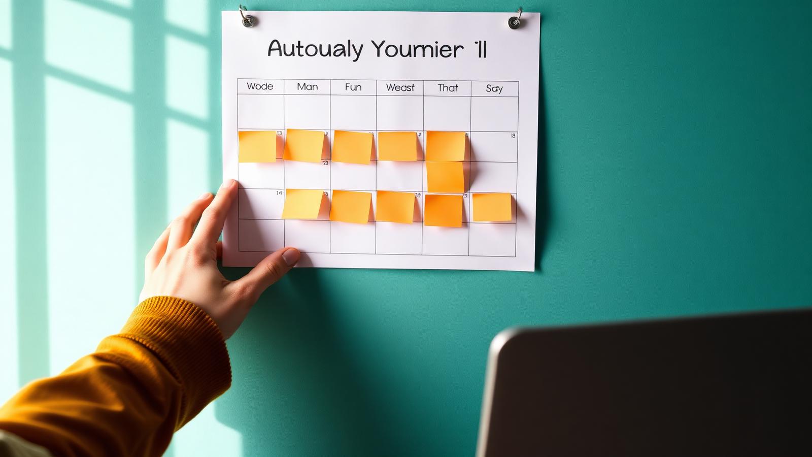 Hands marking autopay reminders on a wall calendar with amber sticky notes