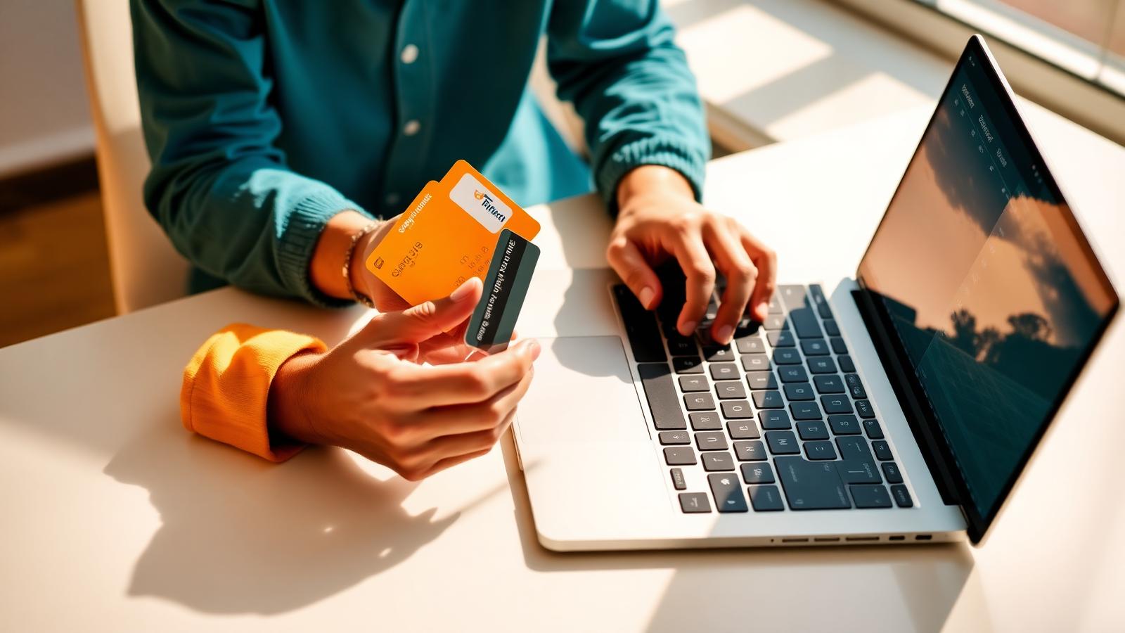 Person comparing two credit cards while reviewing statements on a laptop at a bright table