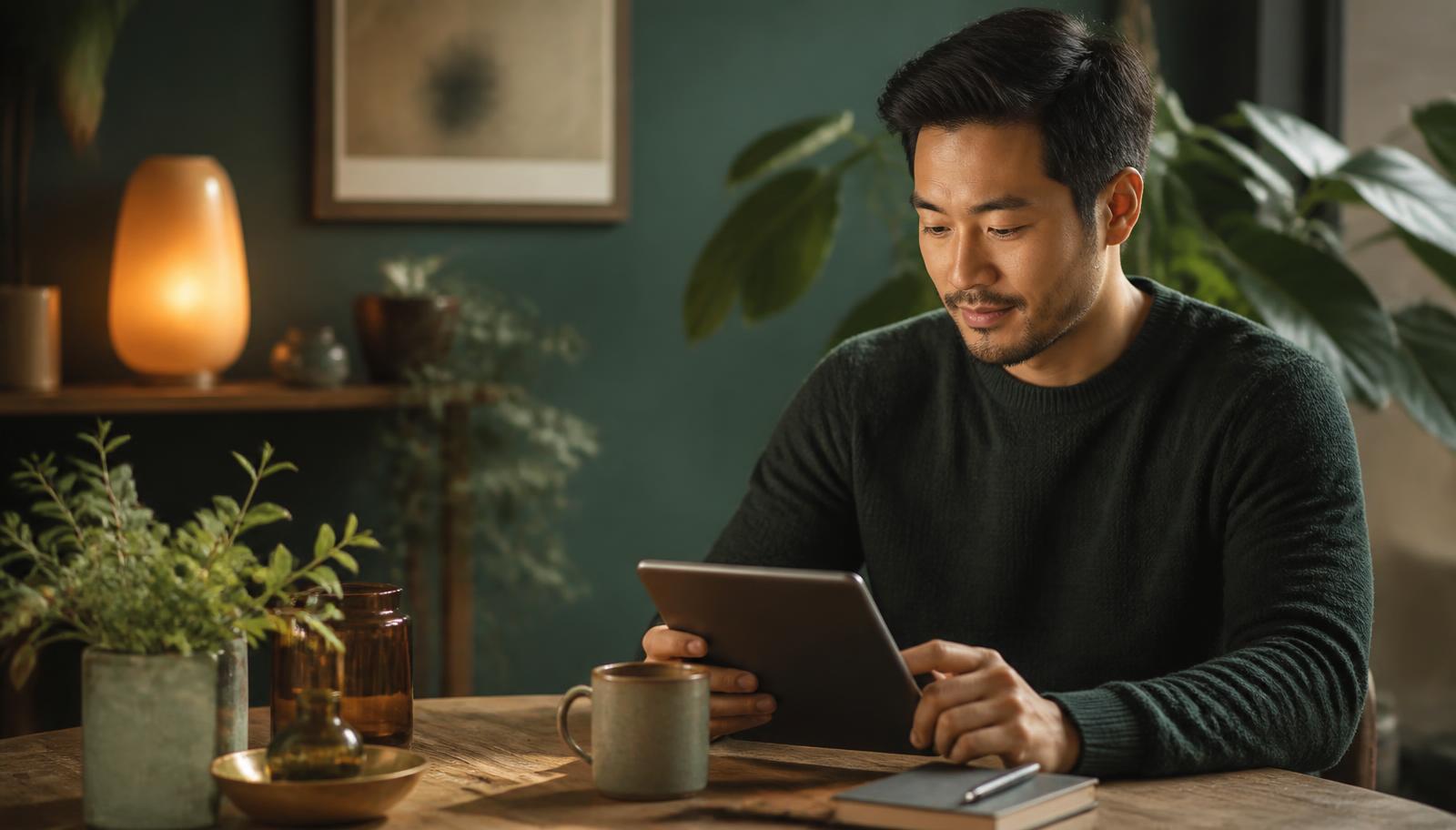 Man calmly reviewing his credit report on a tablet at a wooden table with a cup of coffee