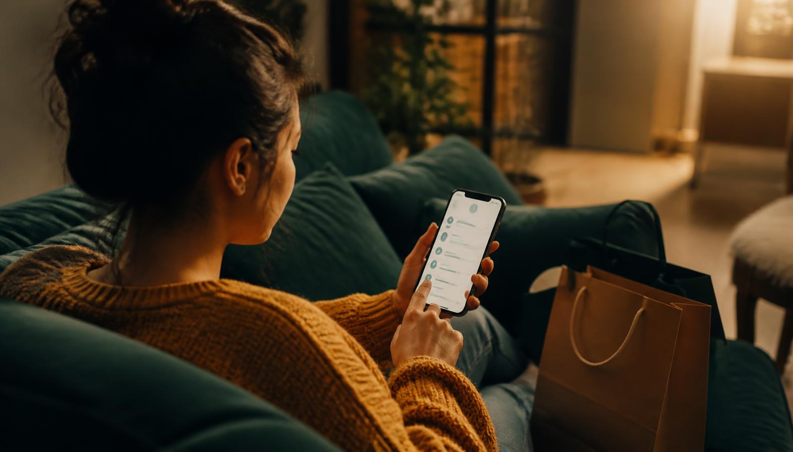 Young shopper on a couch reviewing a buy now pay later installment schedule on her phone beside shopping bags