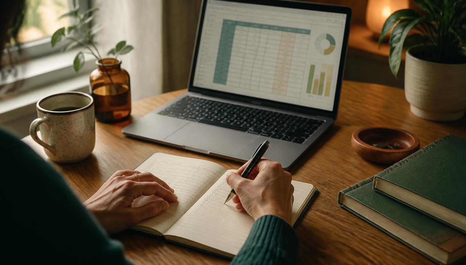 Person writing a simple payment tracker in a notebook beside a laptop showing a budgeting spreadsheet