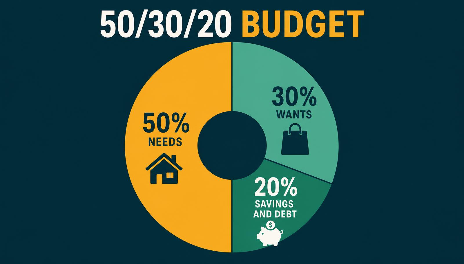 Donut chart infographic showing a budget split of fifty percent needs, thirty percent wants and twenty percent savings and debt