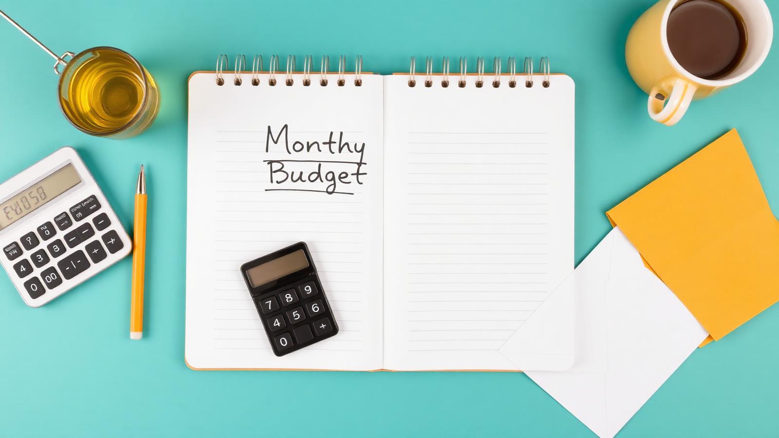 Person planning a monthly budget with a notebook, calculator, and cash envelopes on a teal desk