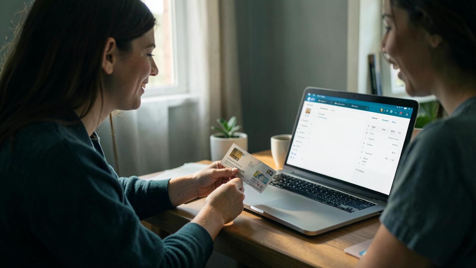 Young adult opening a first credit card approval envelope at a small apartment desk with a laptop