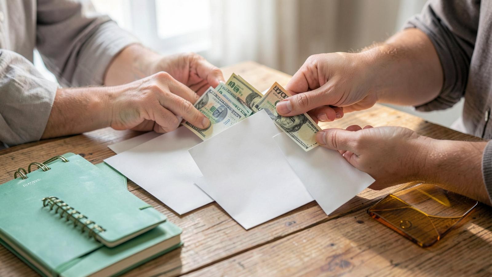 Hands dividing cash into three envelopes on a wooden table beside a green notebook