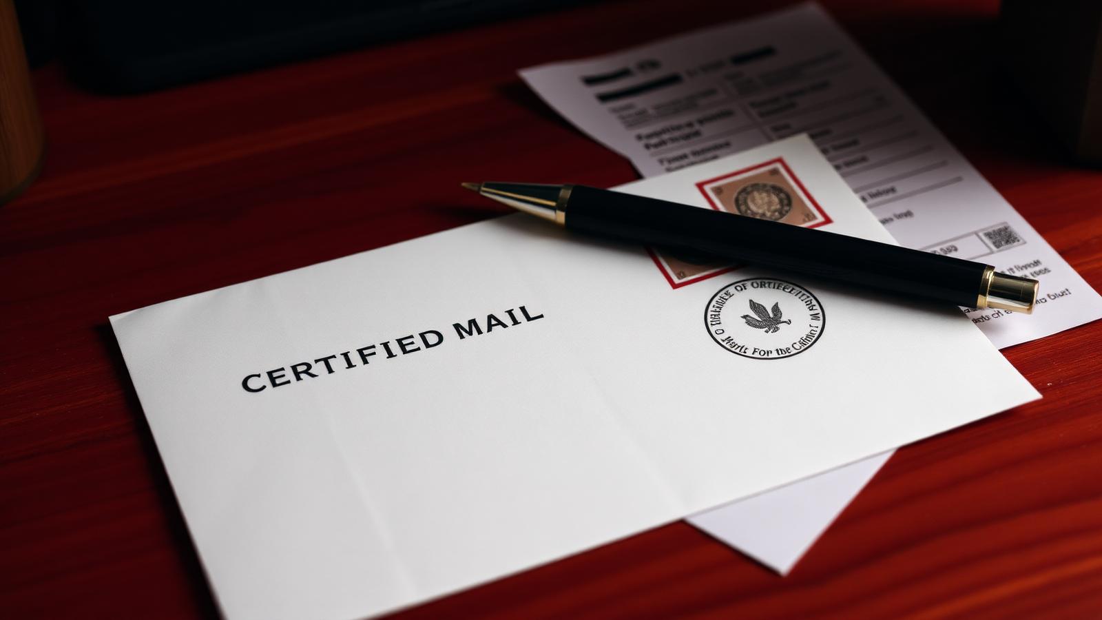 Certified mail envelope and stamped receipt on a wooden desk with a pen