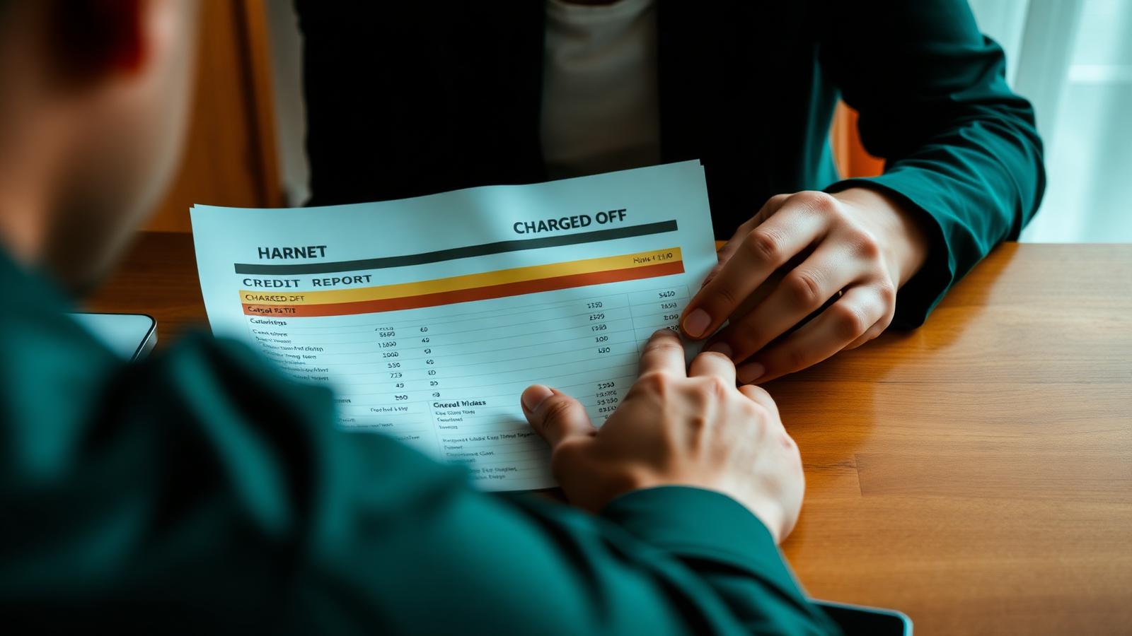 Person at a desk reviewing a credit report statement showing an account marked charged off