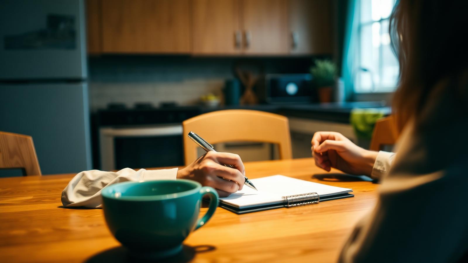Person on a phone call at a kitchen table negotiating a debt settlement with a notepad