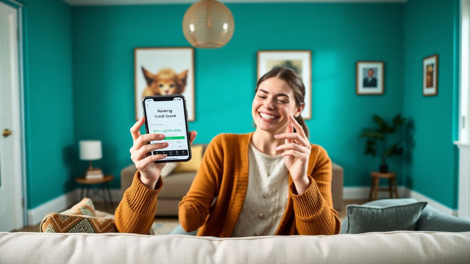 Person smiling while checking a rising credit score in a phone app