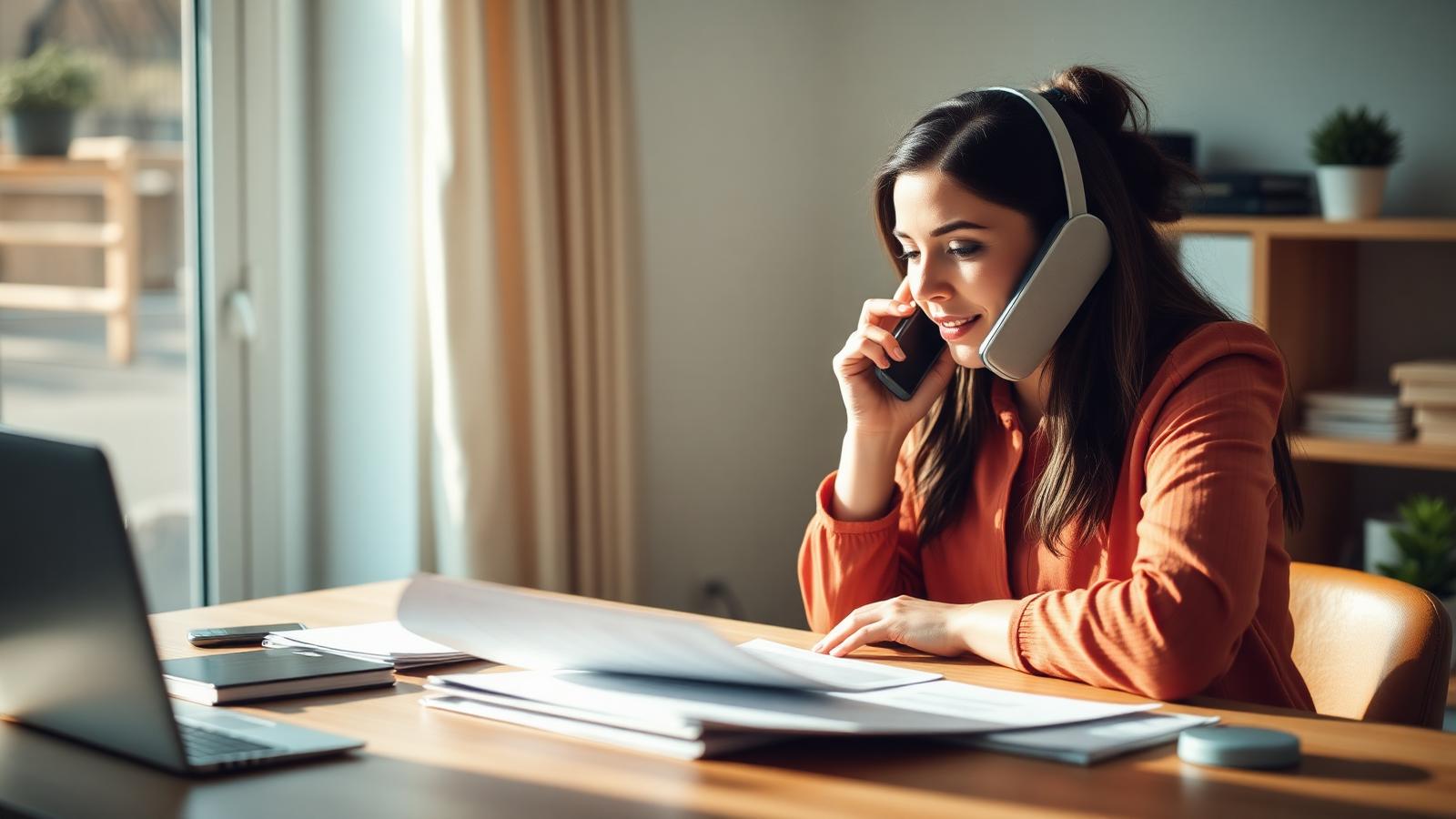 Woman negotiating a collection settlement on the phone while reviewing an offer letter