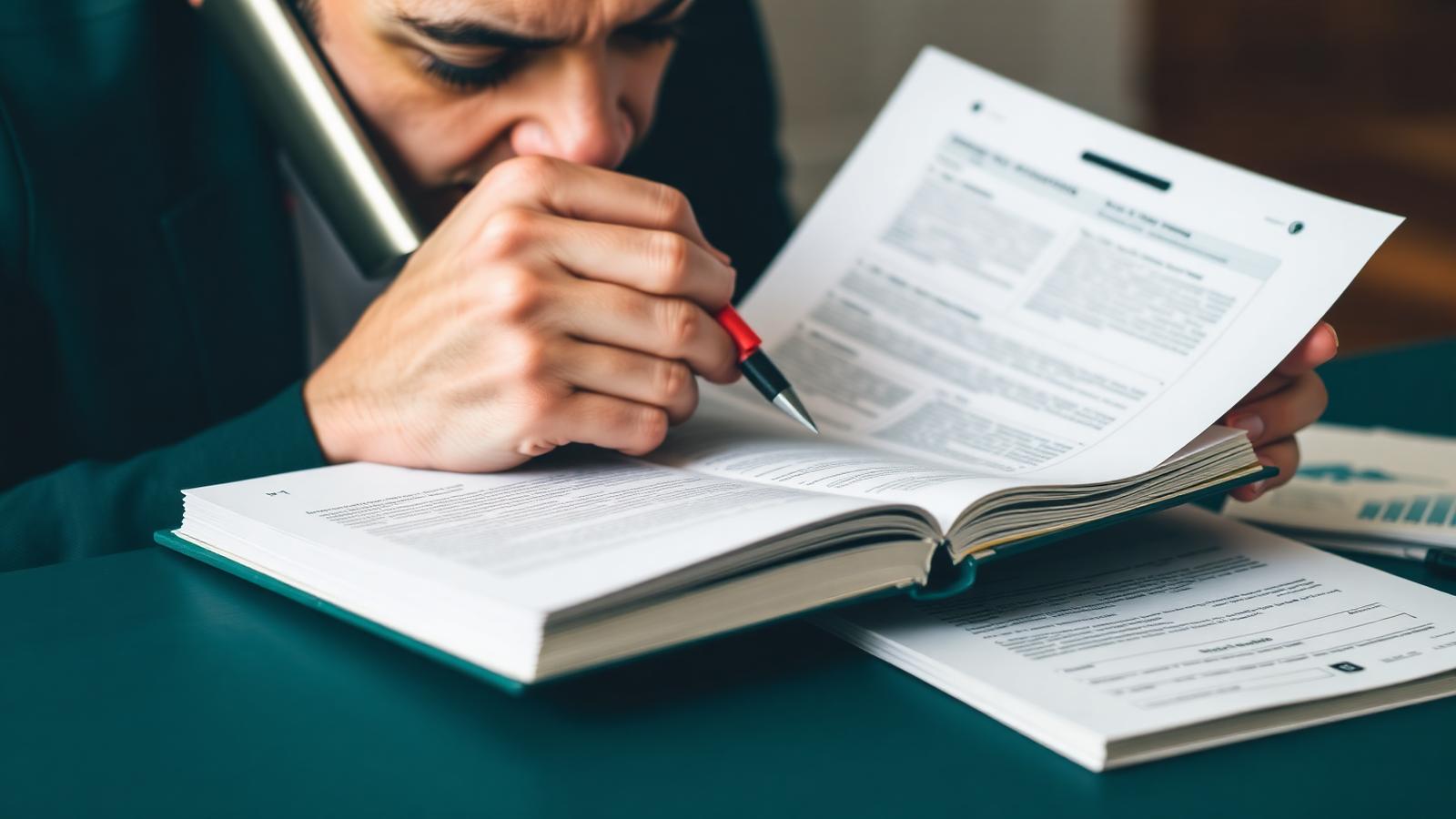 Person on a phone call taking careful notes in a notebook while reviewing paperwork