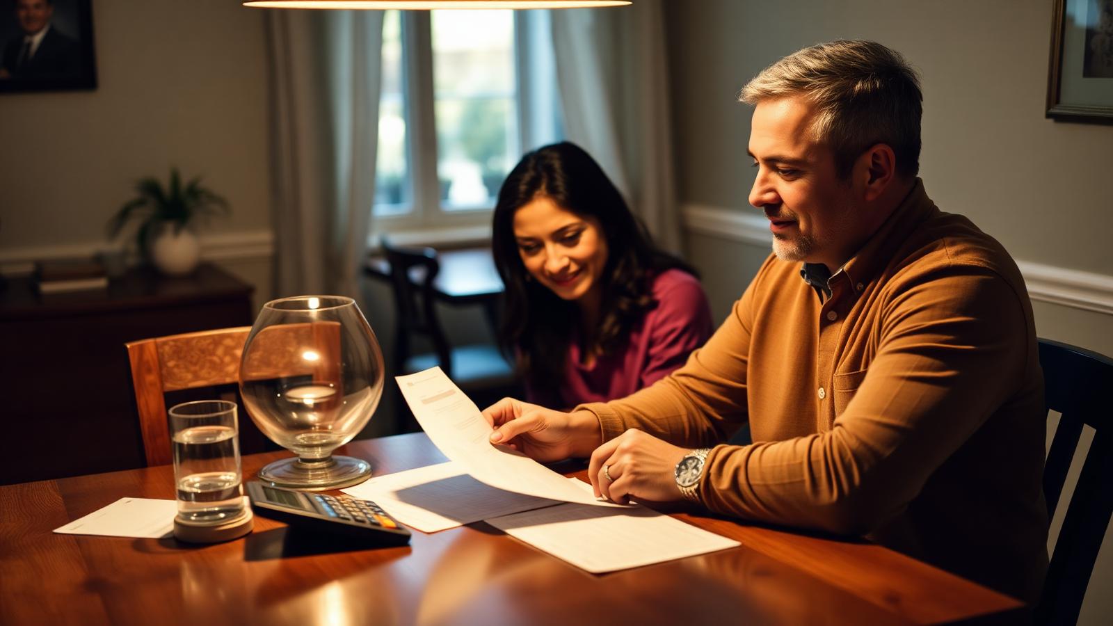 Couple at a dining table reviewing credit card statements together with a calculator