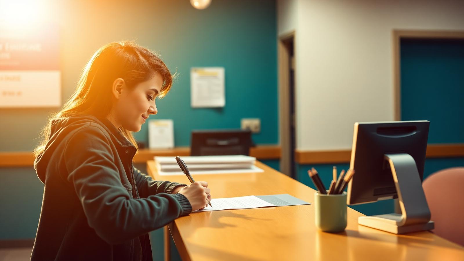 Young adult signing paperwork for a small credit-builder loan at a credit union counter