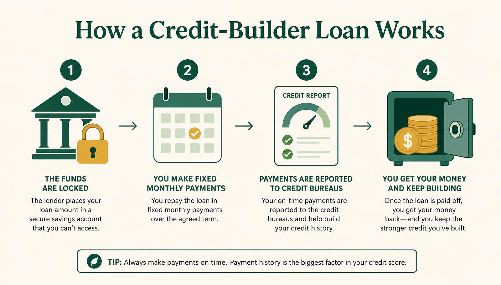 Infographic showing the four steps of how a credit-builder loan works, from locked funds to payout