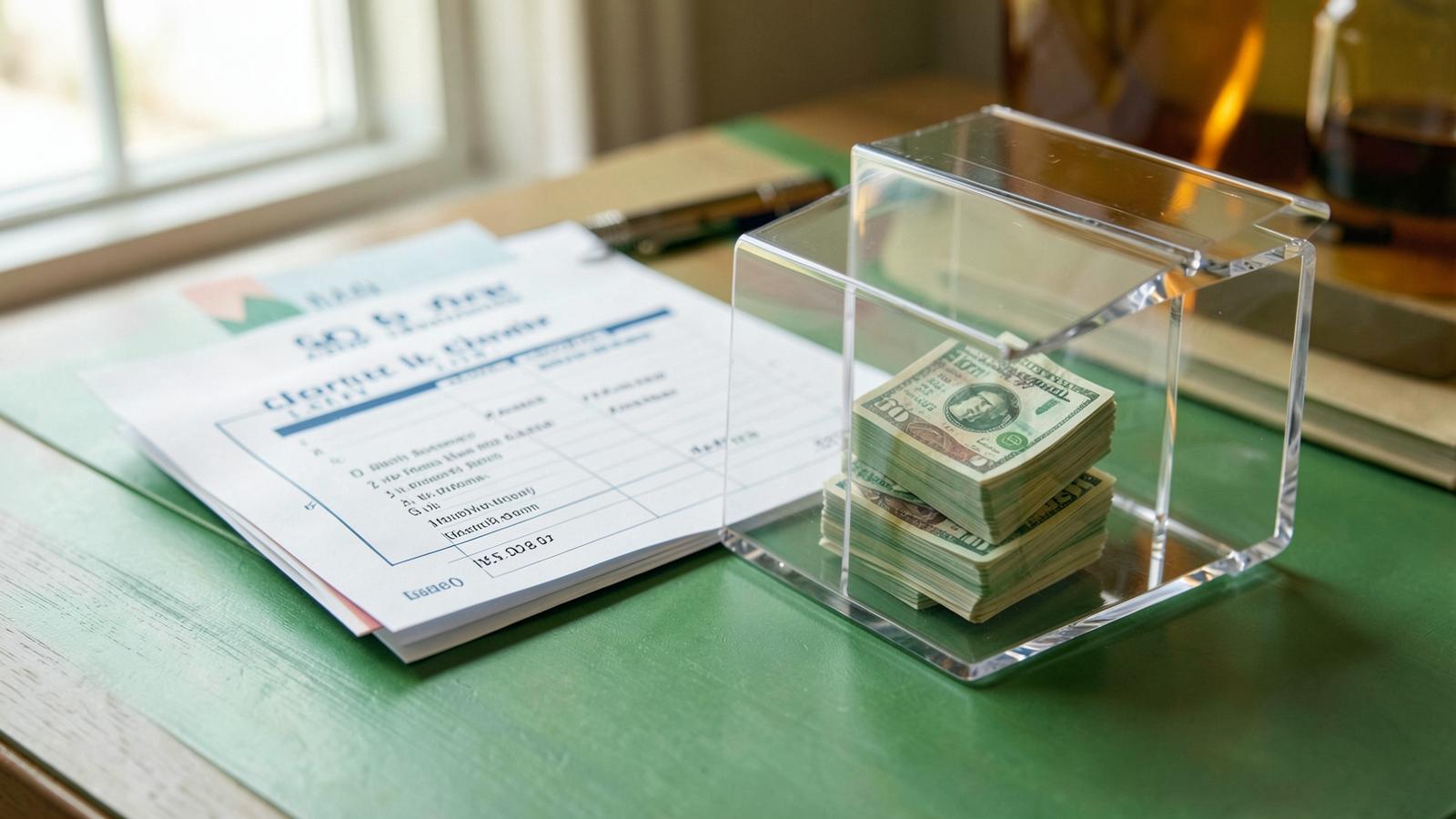 Credit-builder loan passbook and cash locked inside a clear savings box on a green desk