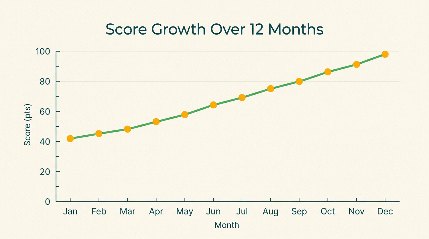 Line chart showing steady credit score growth over twelve months of on-time payments