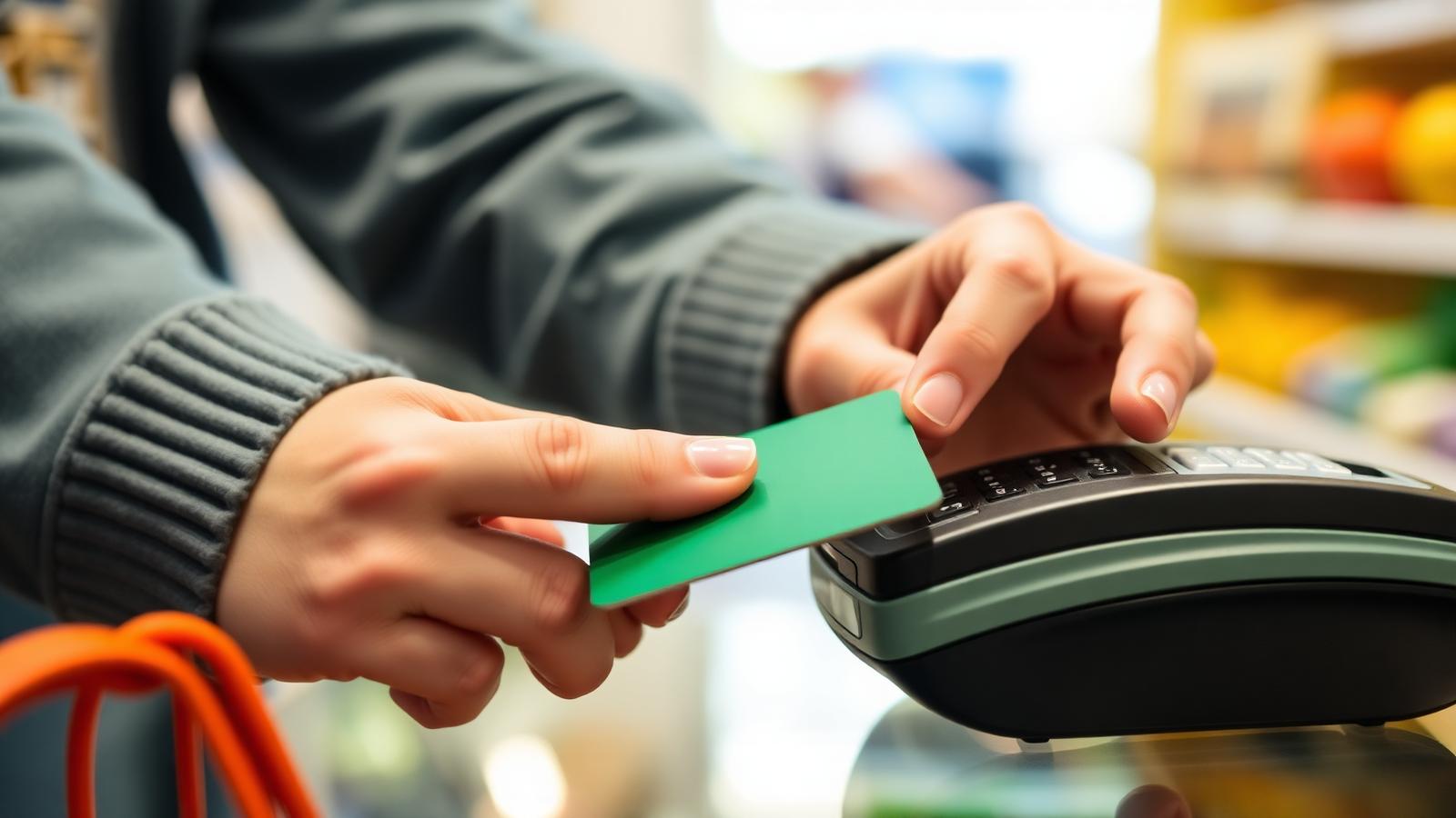 Close-up of a person tapping a green credit card on a payment terminal for a small purchase