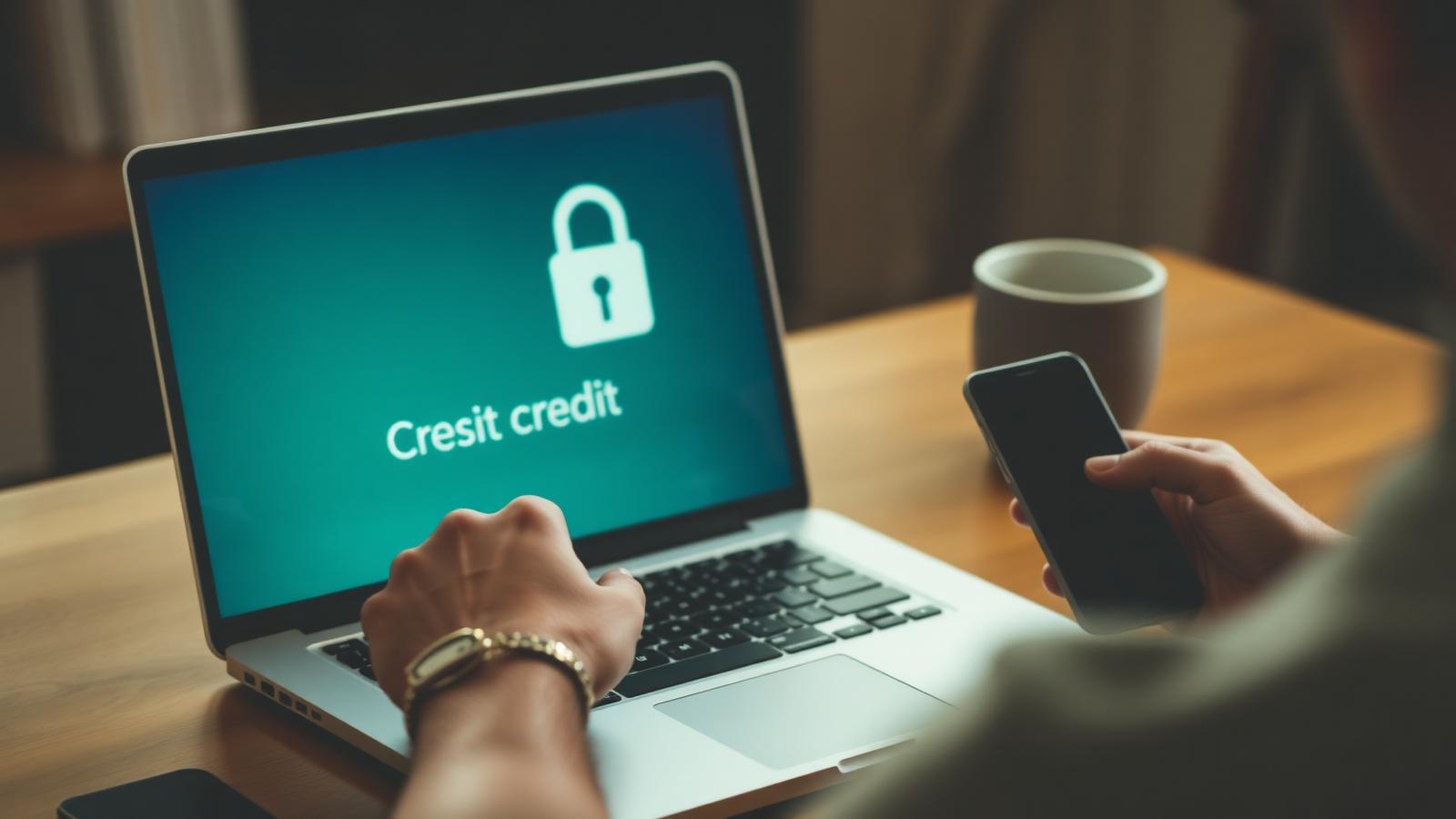 Person locking down their credit file on a laptop showing a padlock icon, with a smartphone nearby