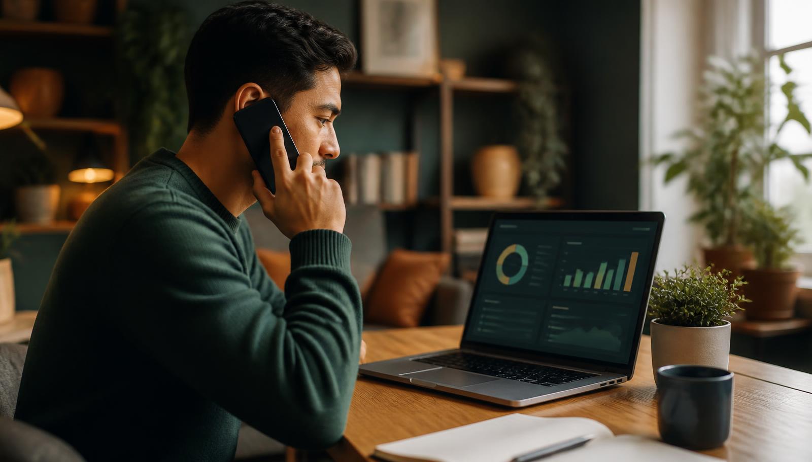 Man on a phone call requesting a credit limit increase while reviewing a banking dashboard on his laptop