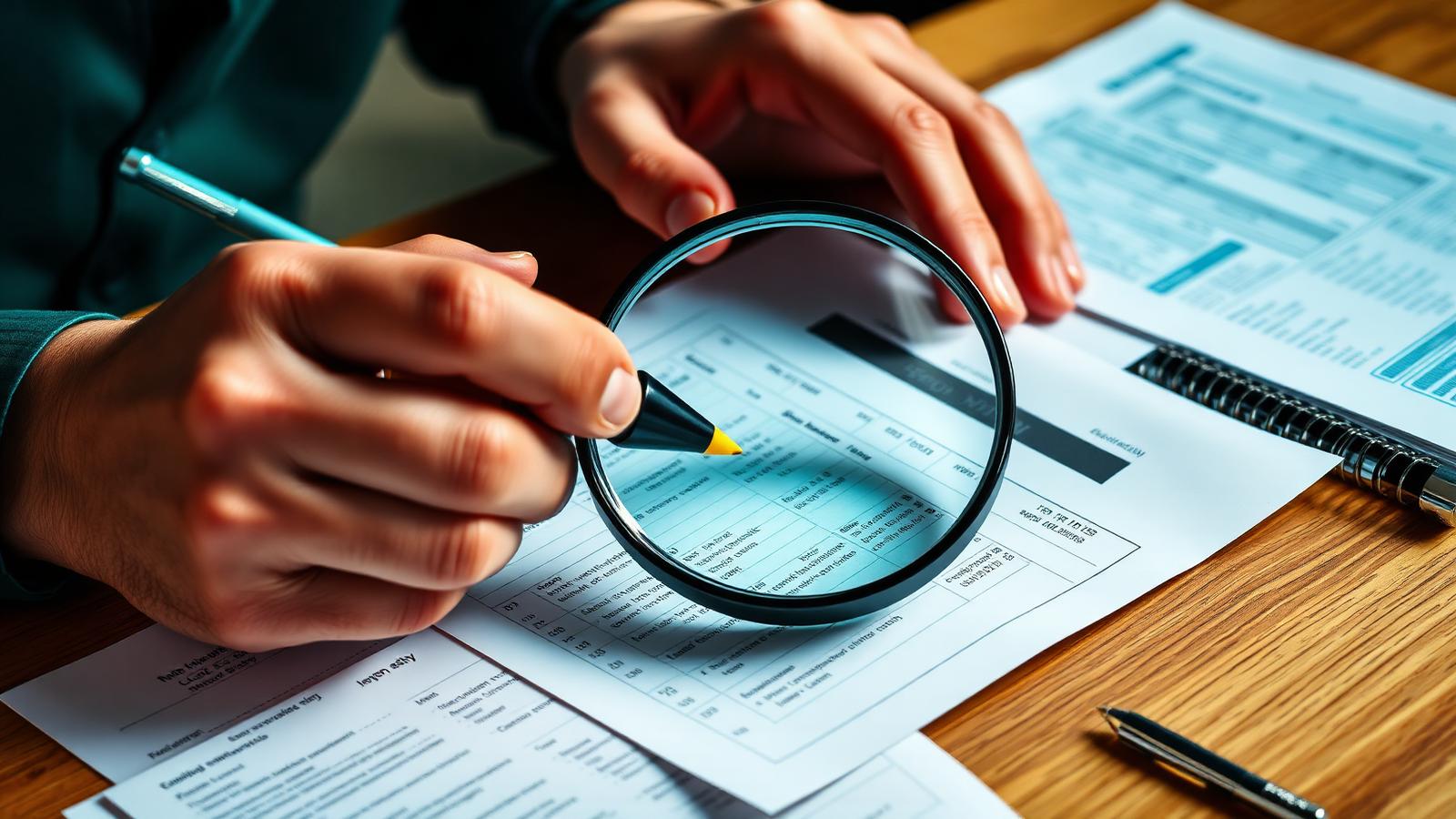 Person reviewing a printed credit report with a magnifying glass