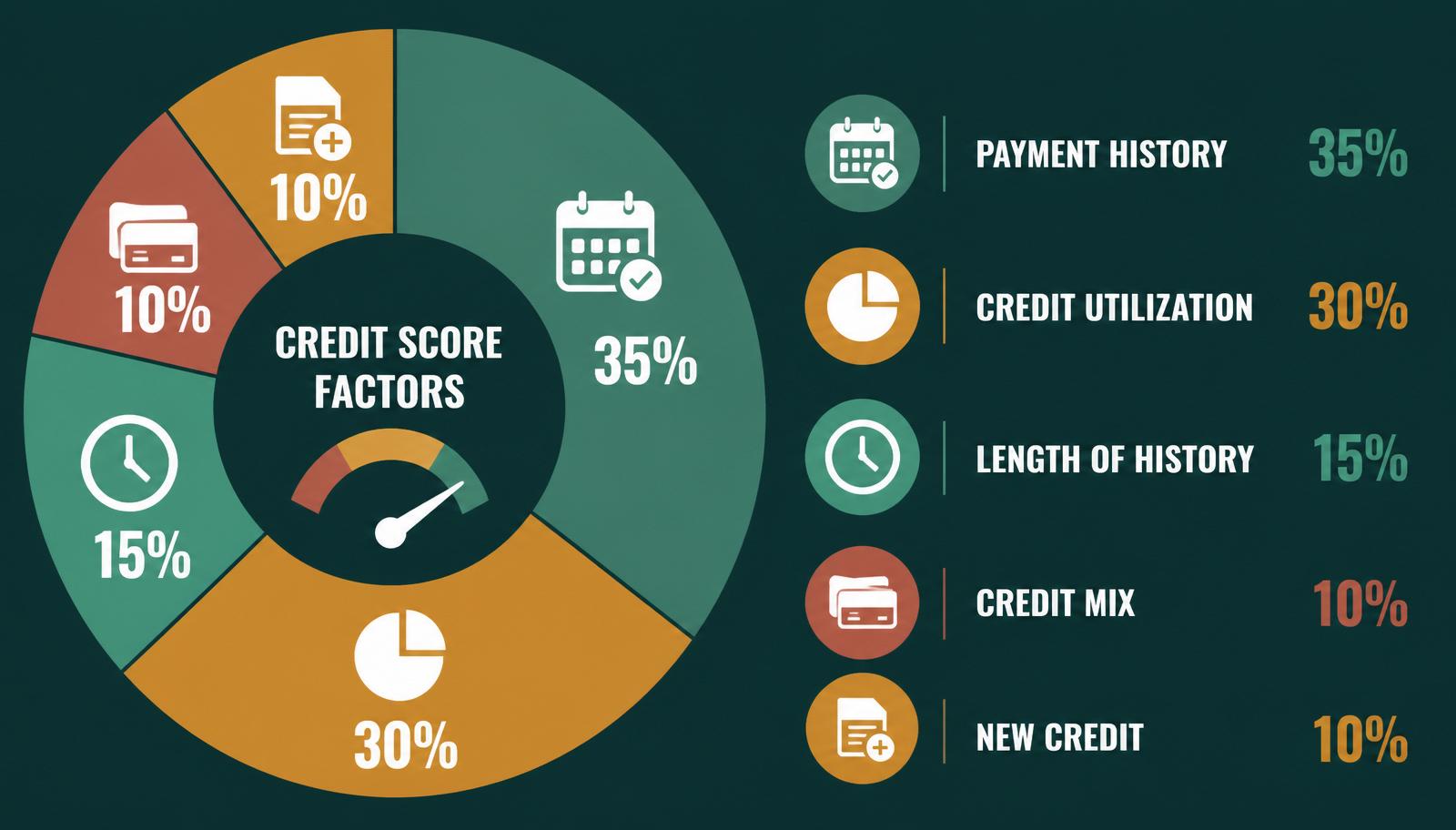 Infographic showing the five credit score factors: payment history 35%, utilization 30%, length 15%, credit mix 10%, new credit 10%