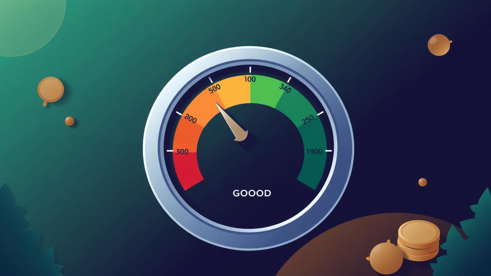Credit score gauge dial moving from poor to excellent range