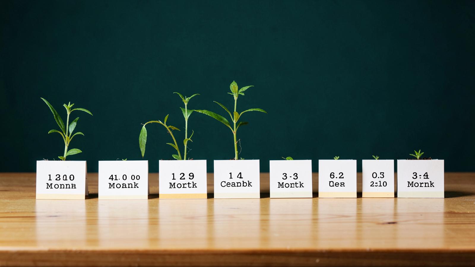 Twelve calendar month cards arranged in a row with a plant growing taller across them