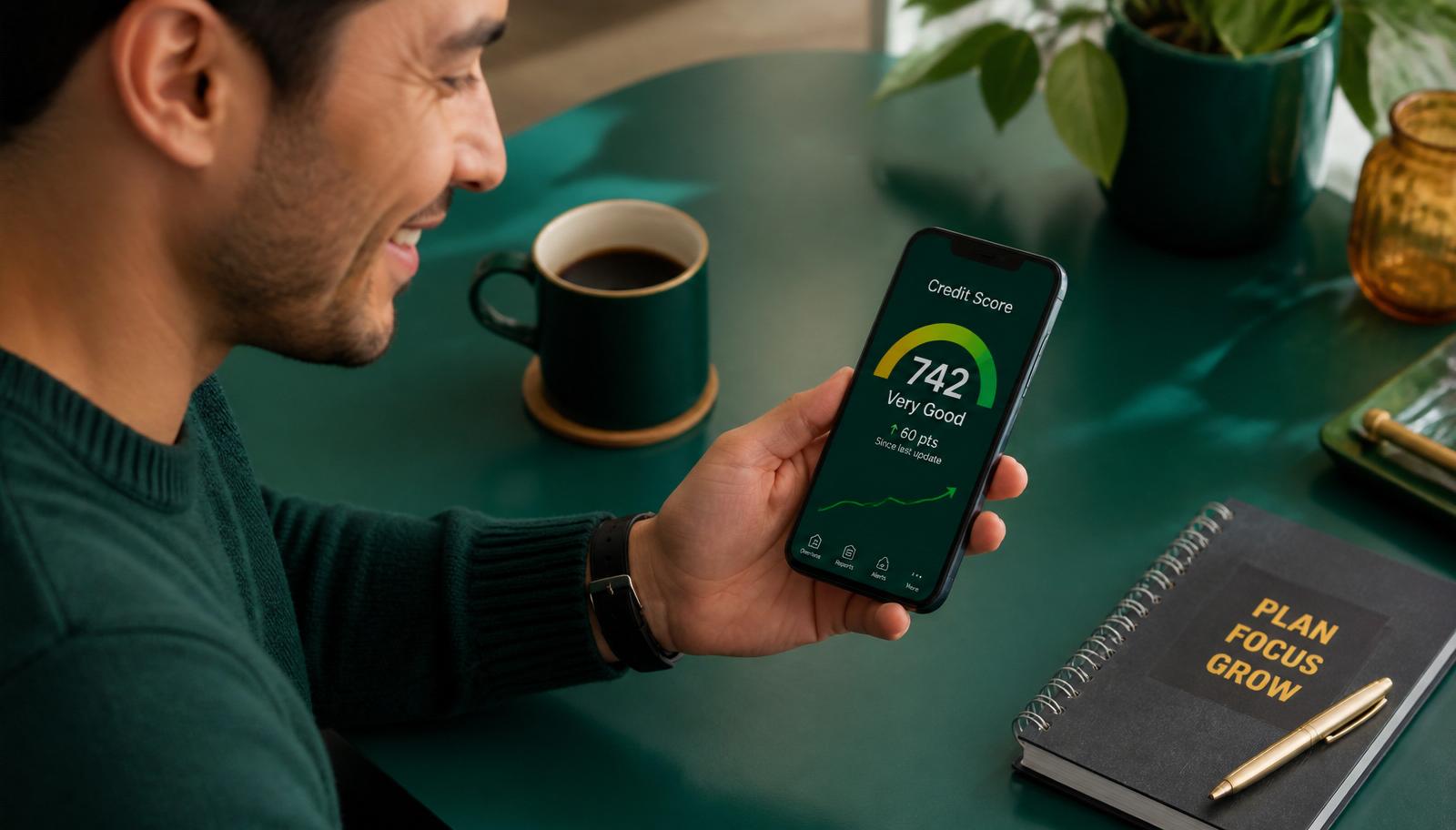 Person smiling while checking a credit score app showing a rising score on a smartphone