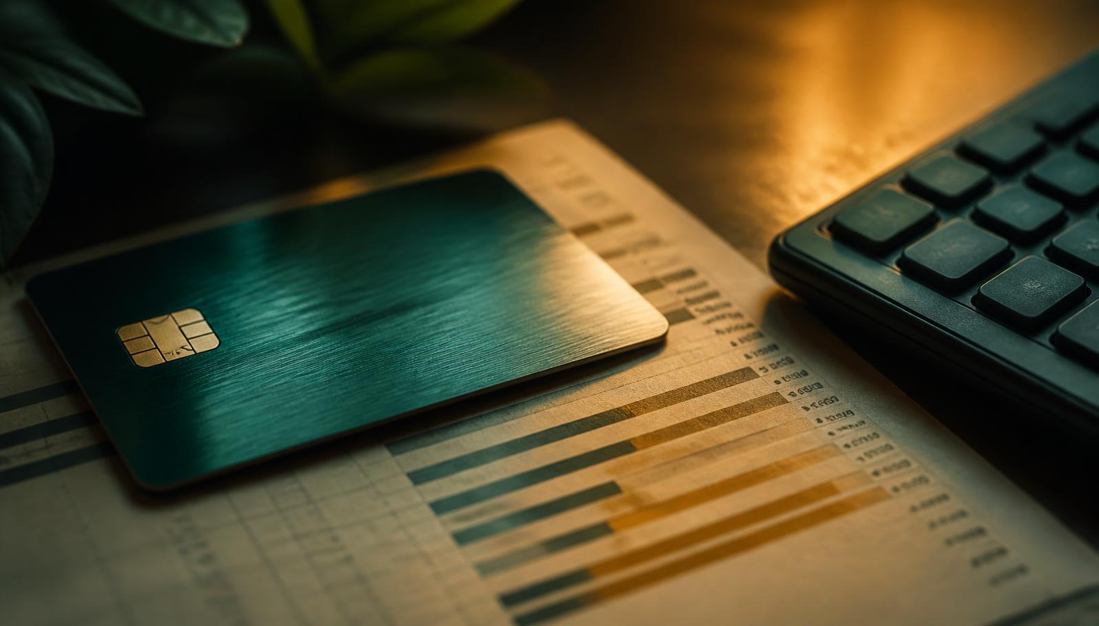 Teal and gold credit card resting on a printed statement beside a calculator, illustrating credit utilization