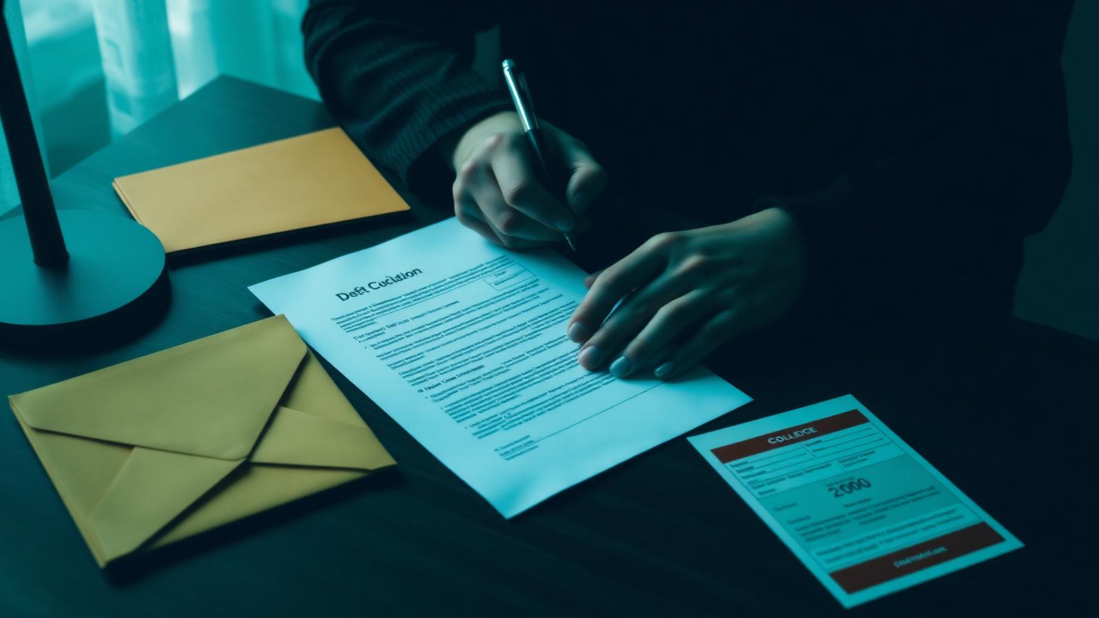Person at a desk writing a formal debt validation letter beside envelopes and a printed collection notice