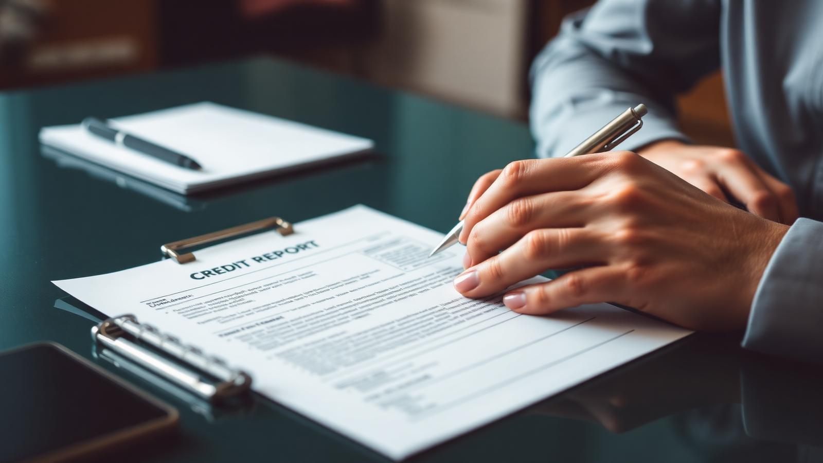 Person writing a formal credit dispute letter at a desk beside a printed report and envelope