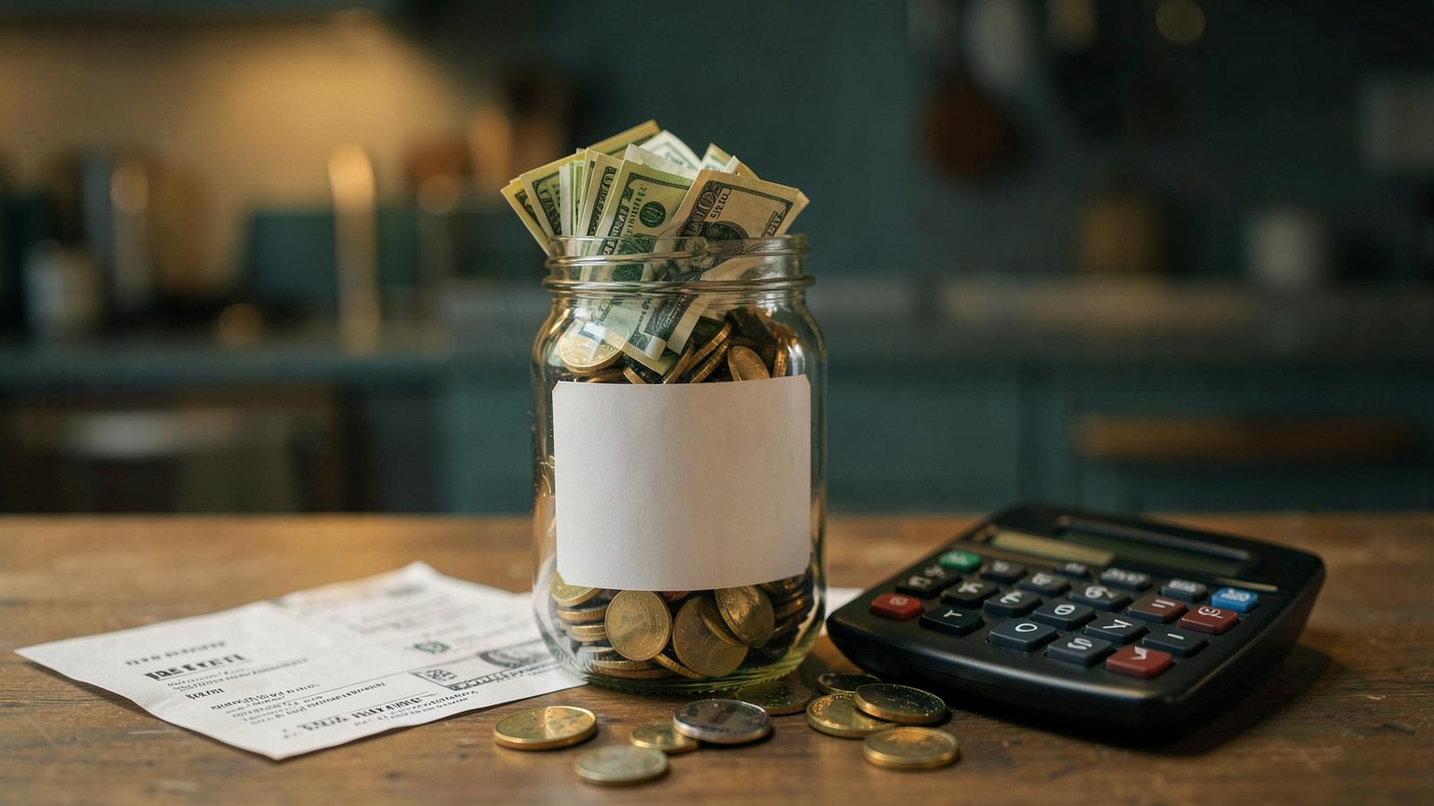 Glass jar being filled with folded bills and coins beside a calculator and a rent invoice on a wooden table