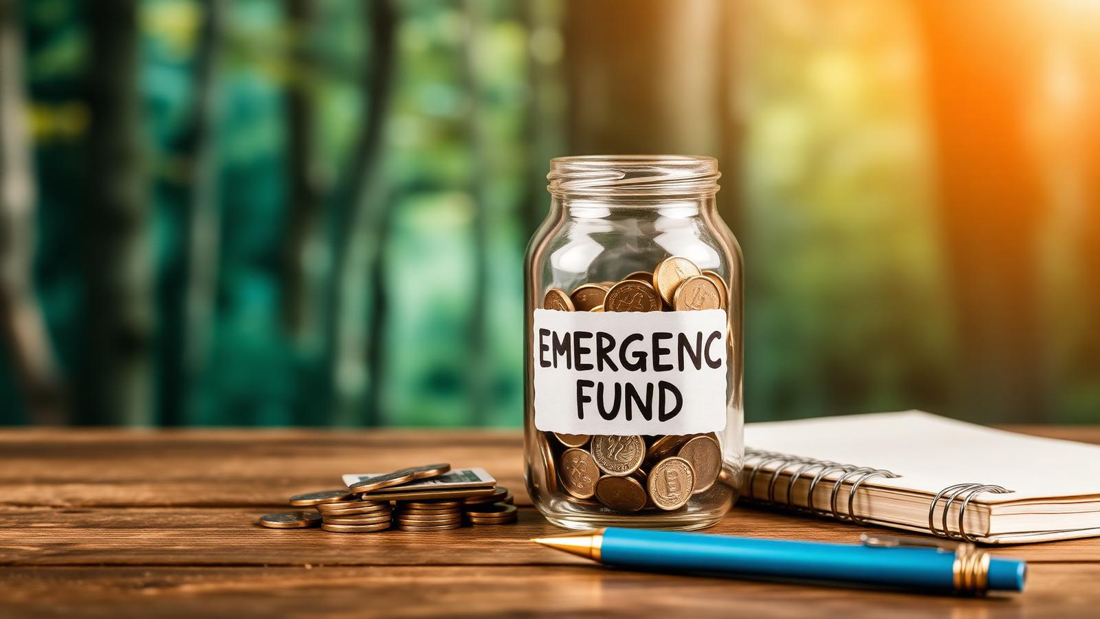 Glass jar labelled emergency fund filled with cash beside a notebook