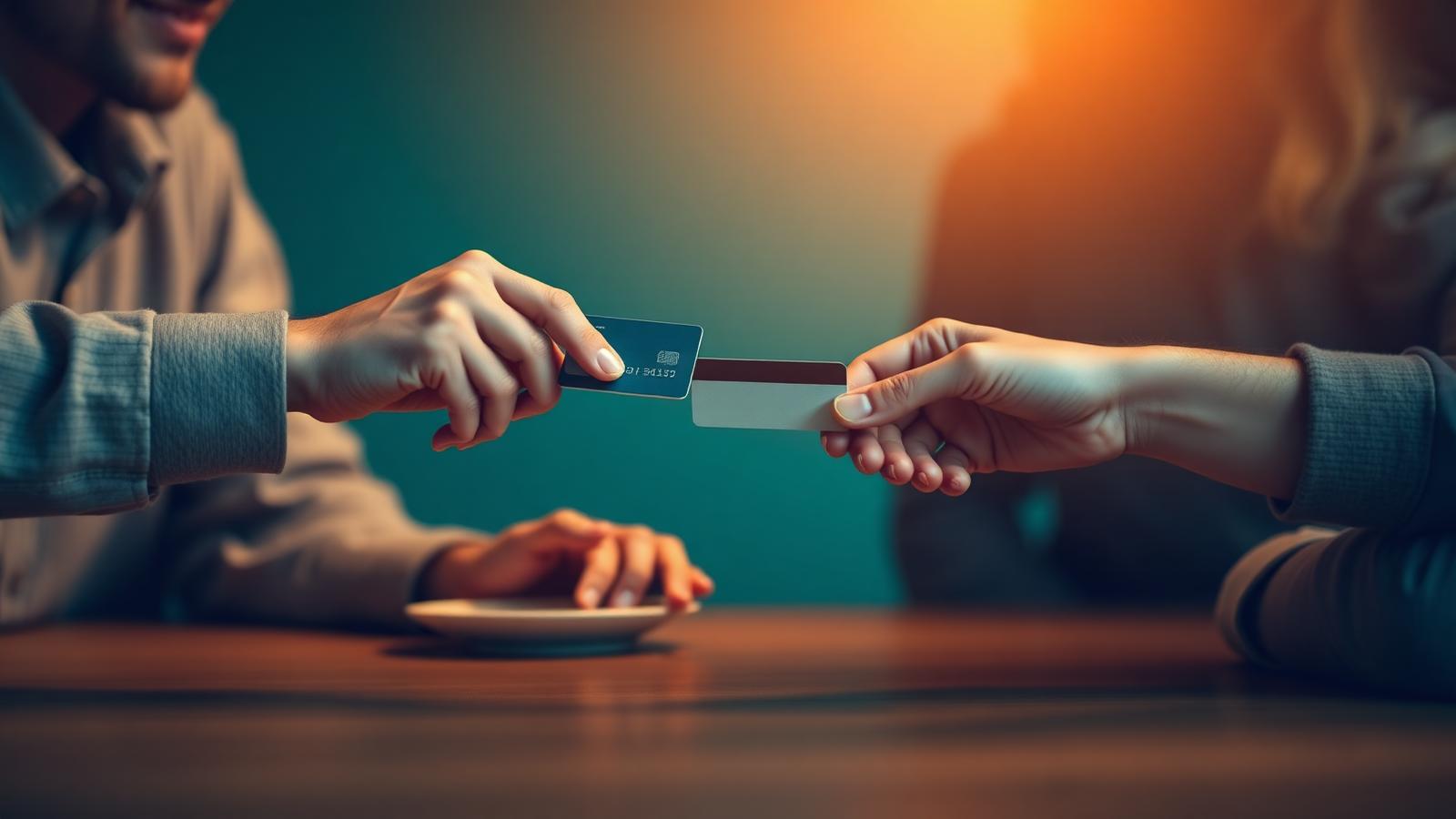 Credit card being handed across a table between family members