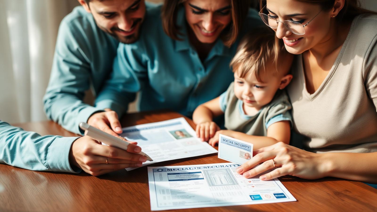Family reviewing identity protection documents and a child's Social Security card at a table