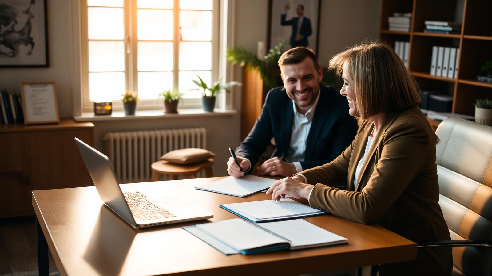 Financial advisor reviewing card options with a client across a desk in a warm office