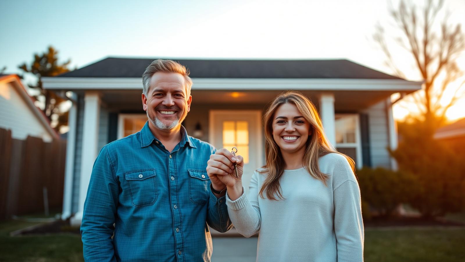 First-time homebuyer couple holding keys in front of their new house at golden hour