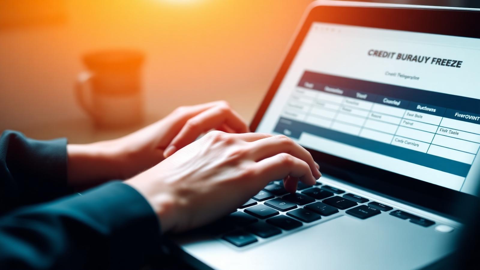 Hands typing on a laptop showing a credit bureau security freeze form