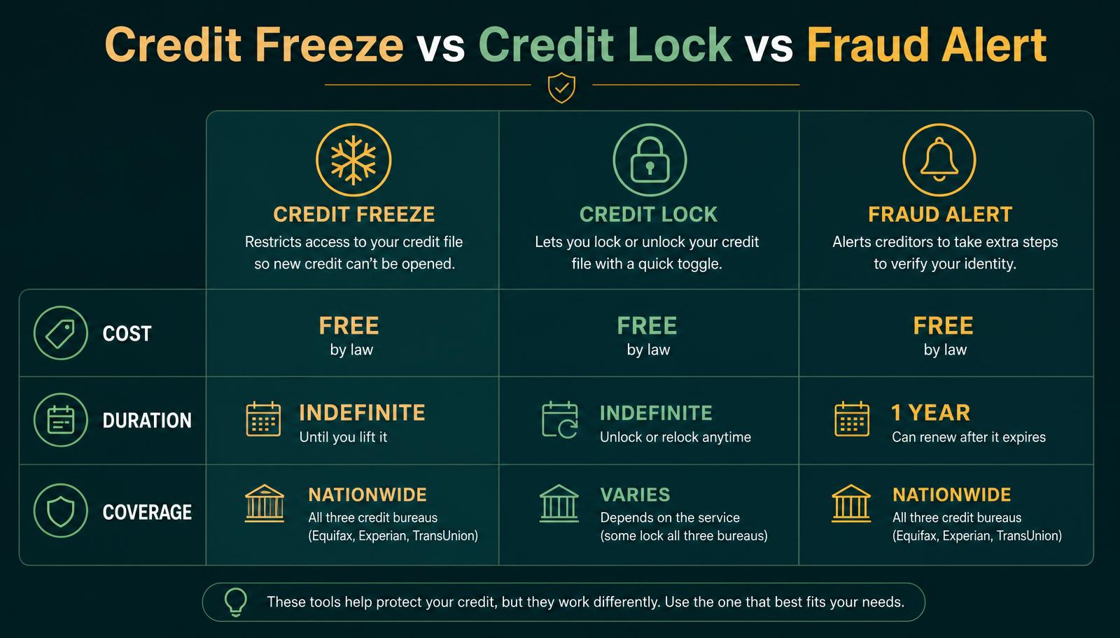 Comparison infographic of credit freeze, credit lock and fraud alert showing cost, duration and coverage