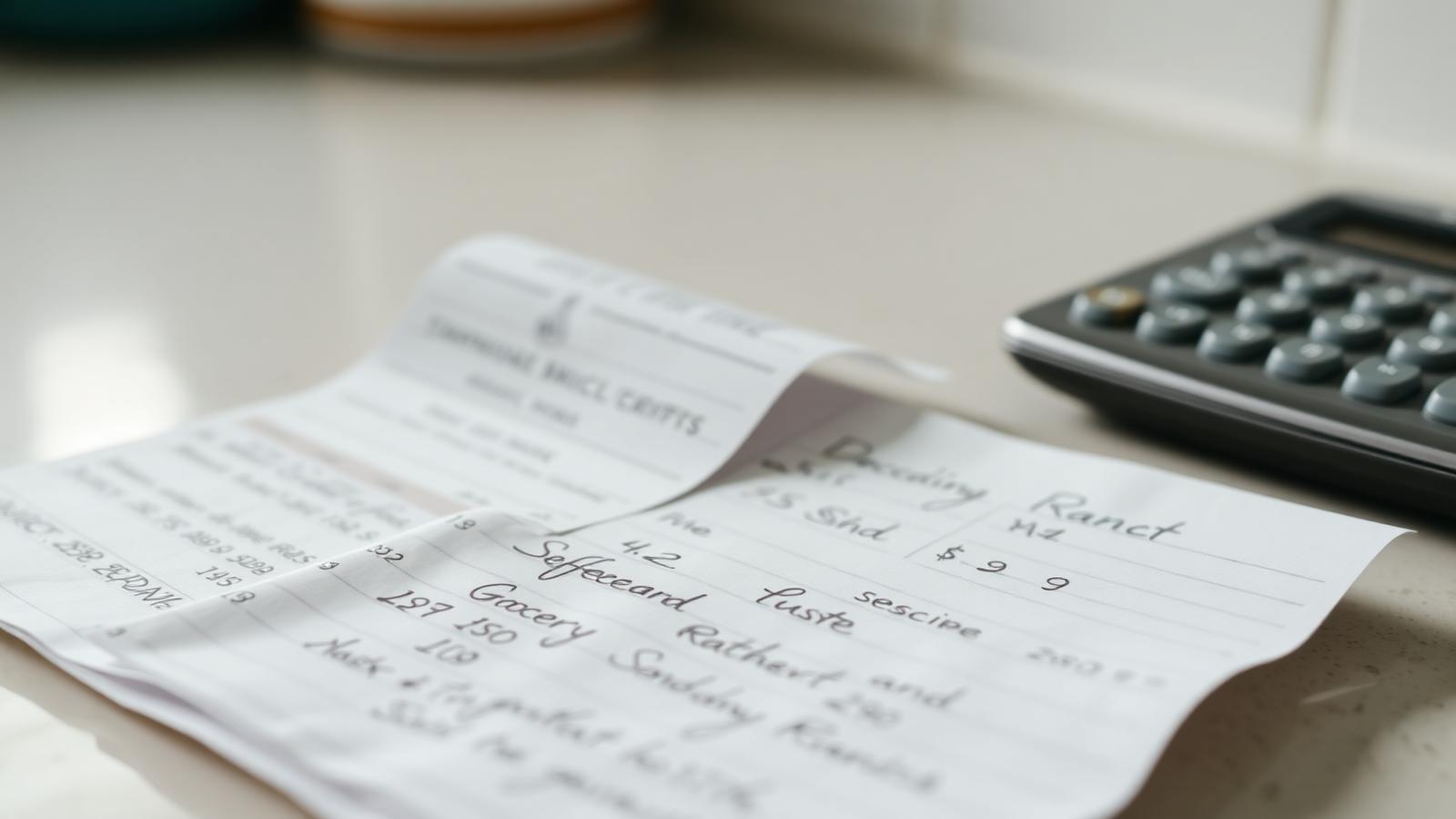 Grocery receipt and shopping list on a kitchen counter beside a calculator