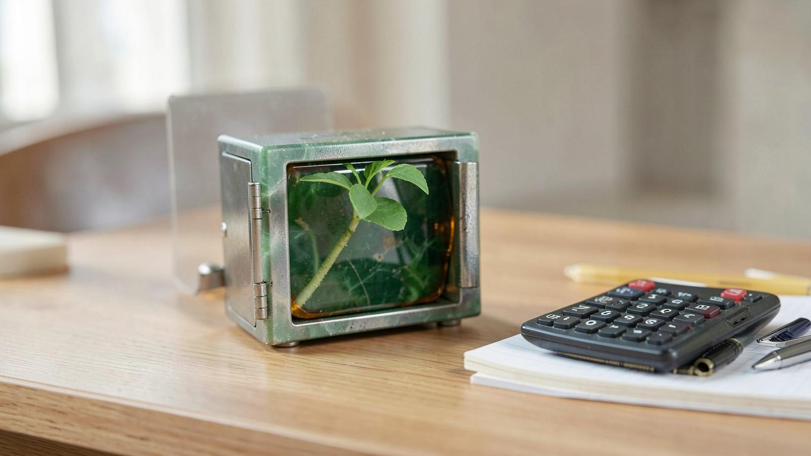 Small metal safe with a plant cutting growing inside beside a calculator and notebook