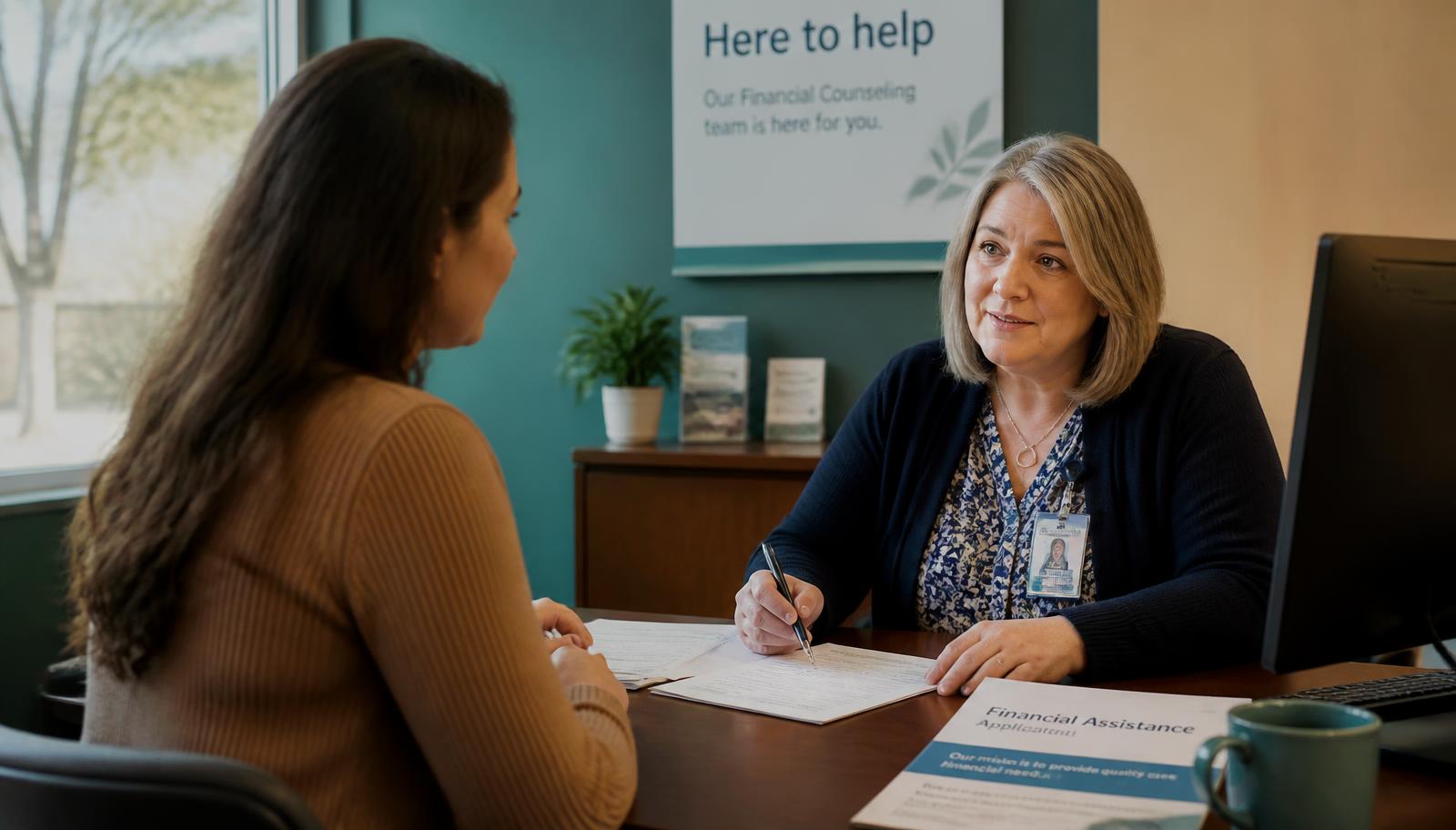 Patient meeting with a hospital financial counselor to complete a financial assistance application