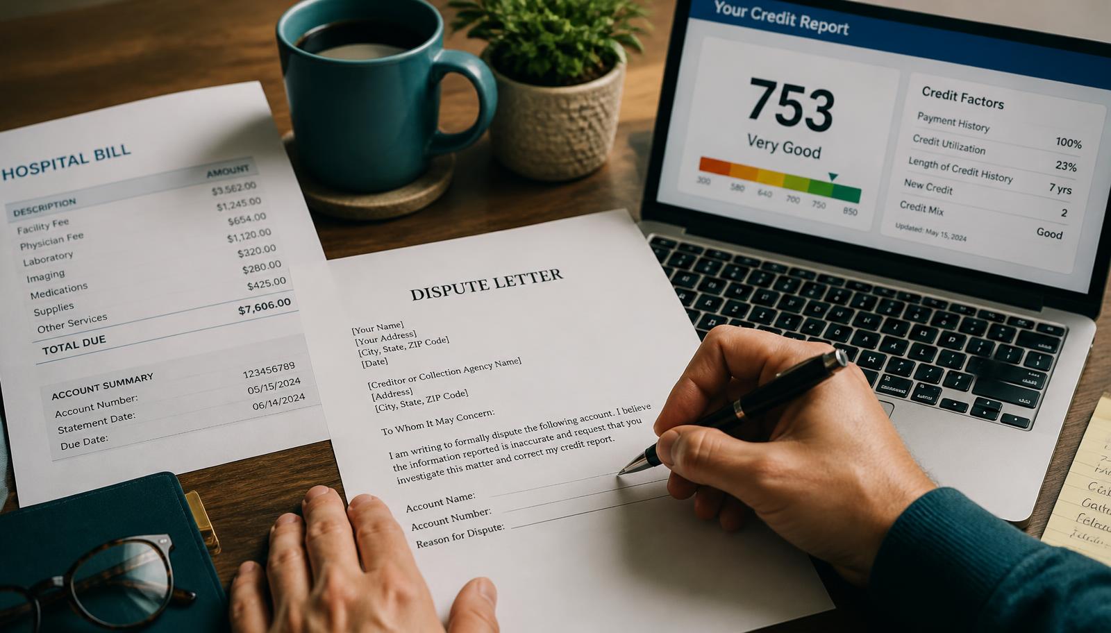Person writing a formal credit bureau dispute letter beside an itemized hospital bill and a laptop showing a credit report