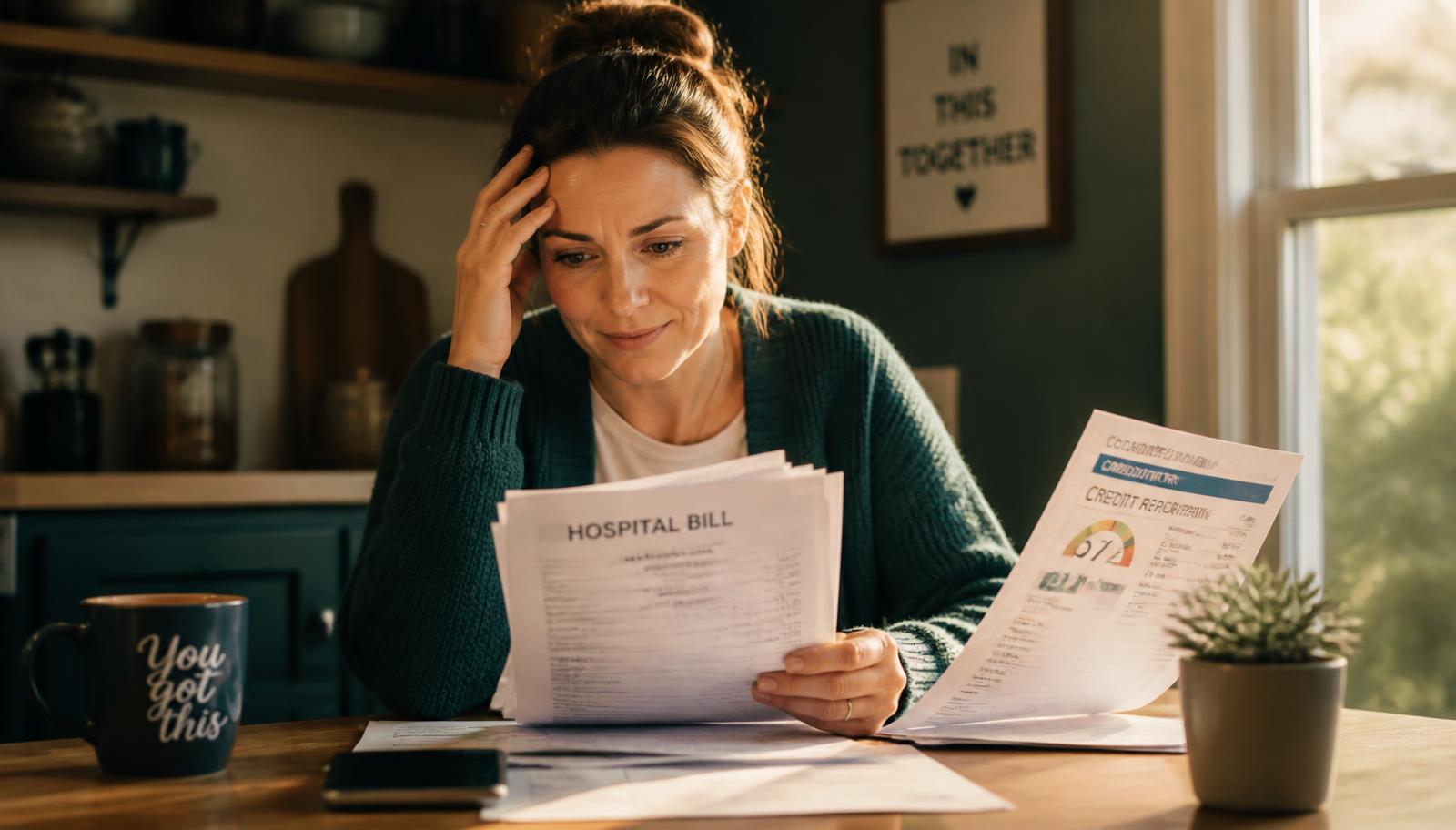 Woman at a kitchen table comparing a hospital bill with her credit report to check for a medical collection