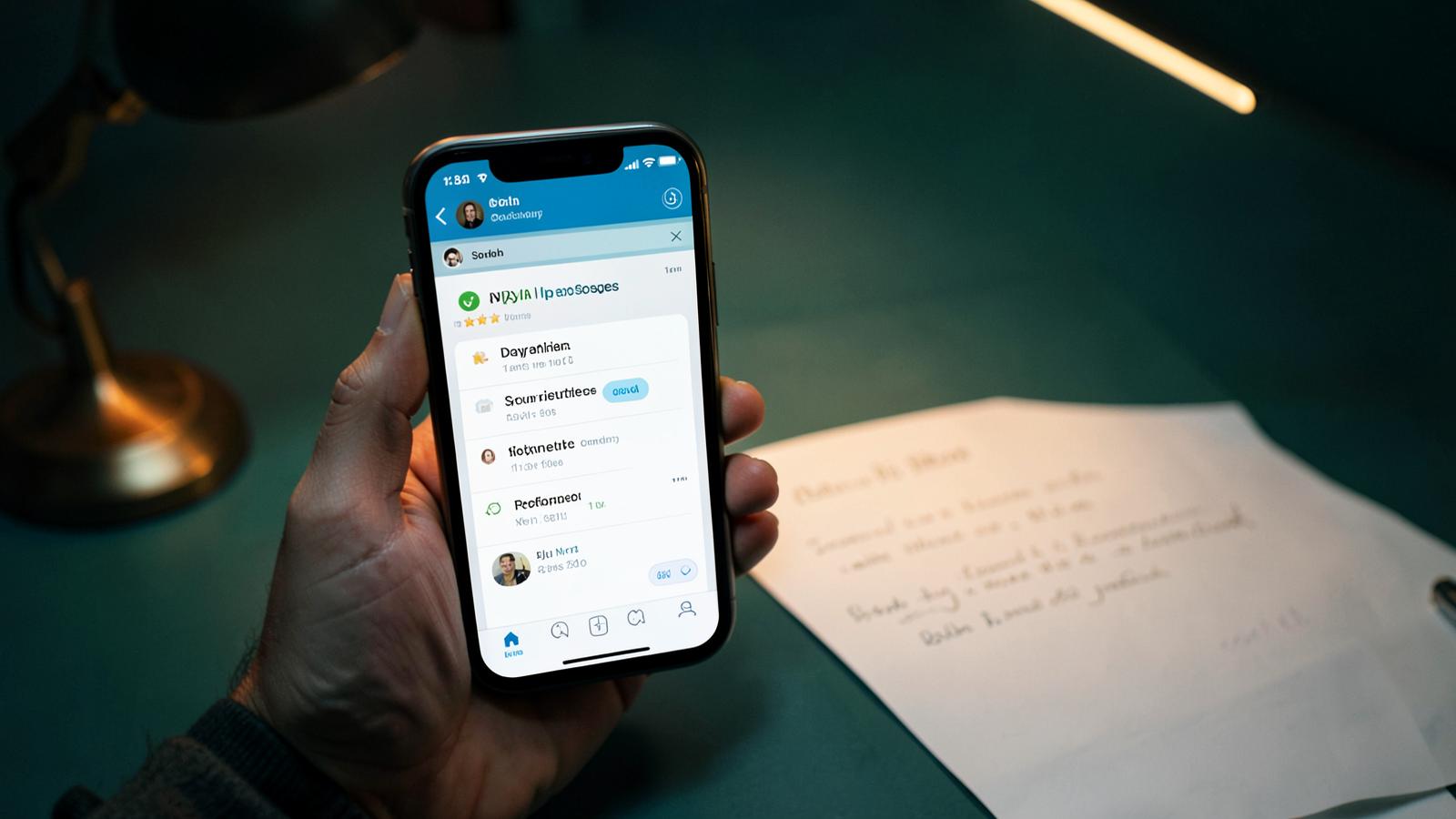 Hand holding a smartphone during a debt collector call with a handwritten letter on the desk