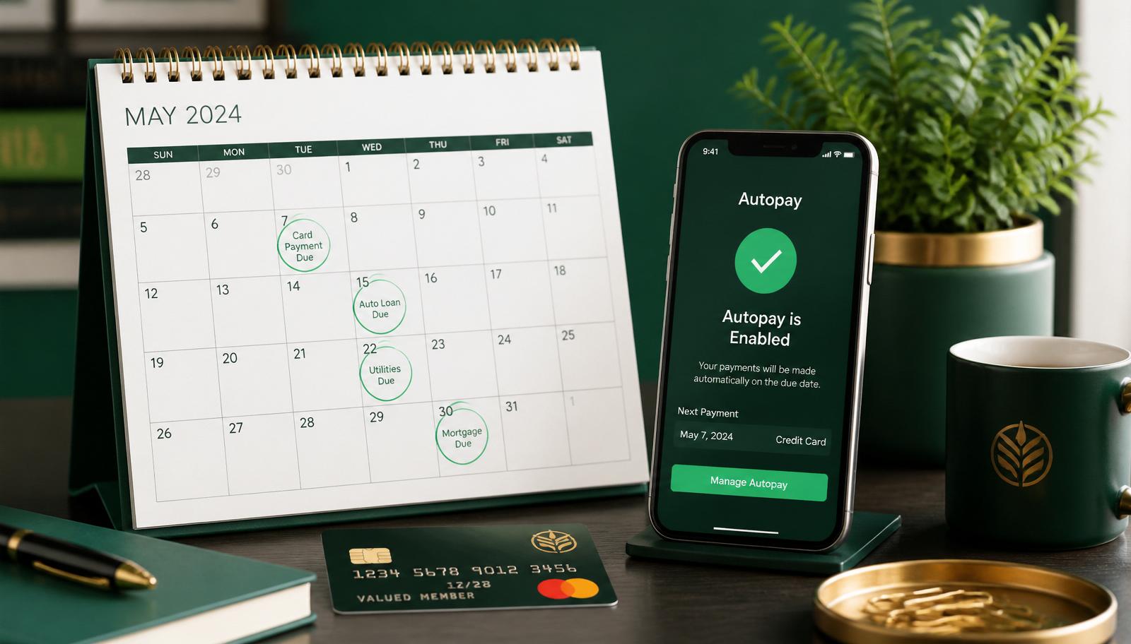 Desk calendar with payment due dates circled and a smartphone showing autopay enabled