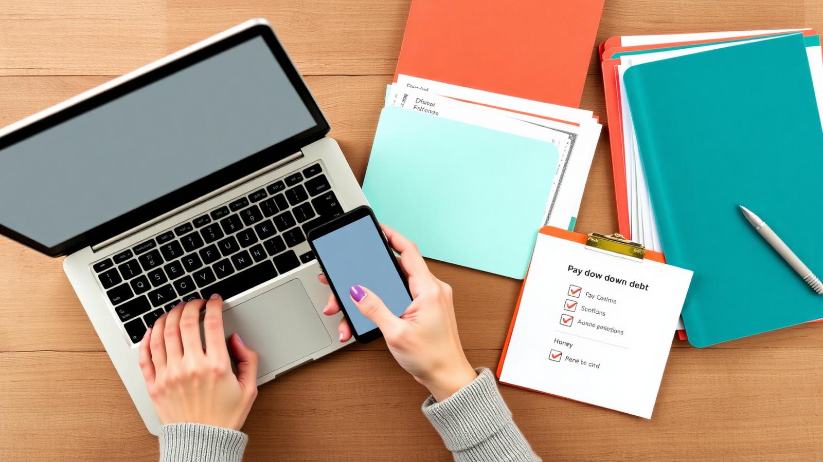 Hands using a laptop and phone to pay down debt with organized bills